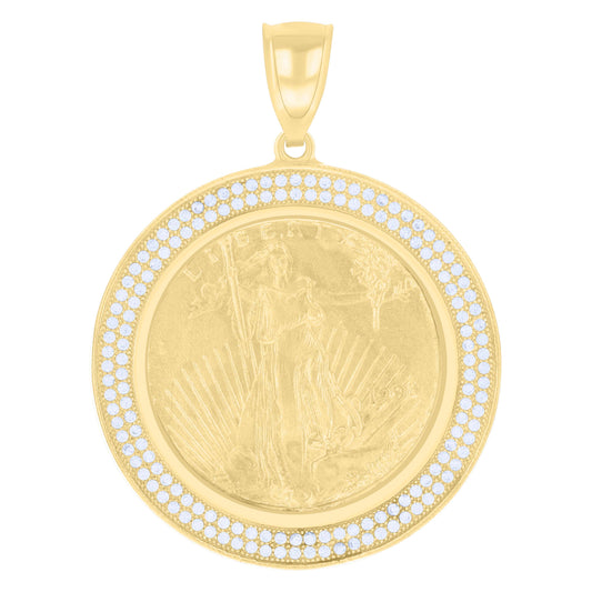 10k Gold Two Tone Cubic Zirconia Mens Lady Liberty Medallion Charm Pendant