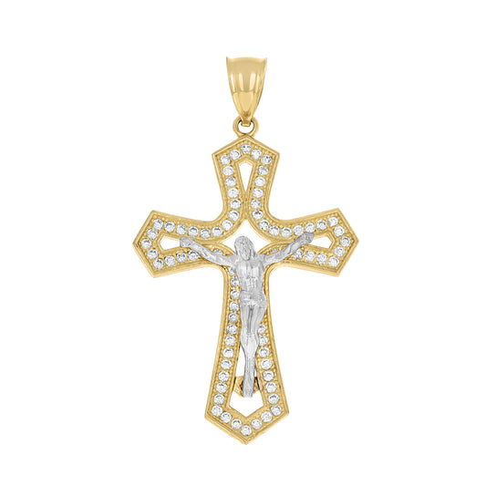 10kt Two-tone Gold Mens Cubic-Zirconia Crucifix Cross Religious Charm Pendant