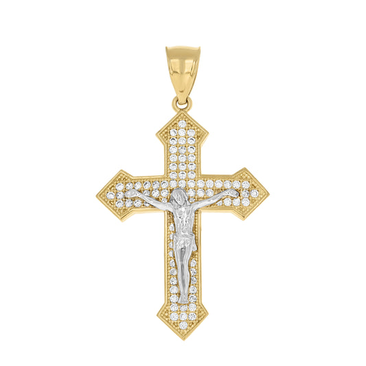 10k Gold Two Tone Cubic Zirconia Mens Cross Crucifix Religious Charm Pendant