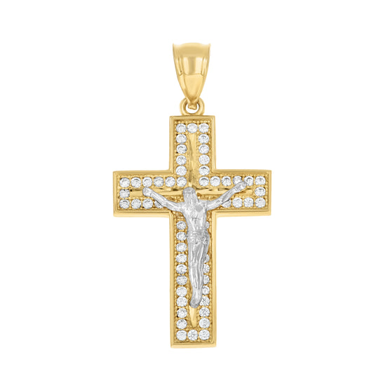 10kt Two-tone Gold Mens Cubic-Zirconia Crucifix Cross Religious Charm Pendant