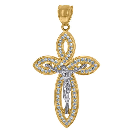 10kt Two-tone Gold Mens Cubic-Zirconia Crucifix Cross Religious Charm Pendant