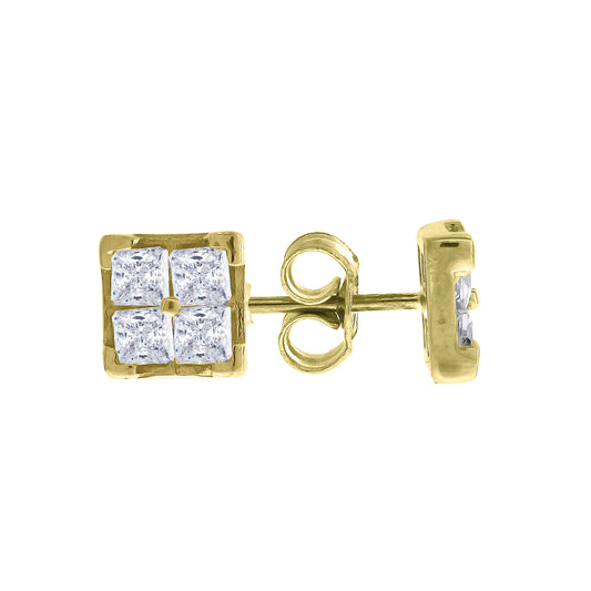 10k Yellow Gold Mens Princess Cut CZ Cubic Zirconia Square Stud Earrings