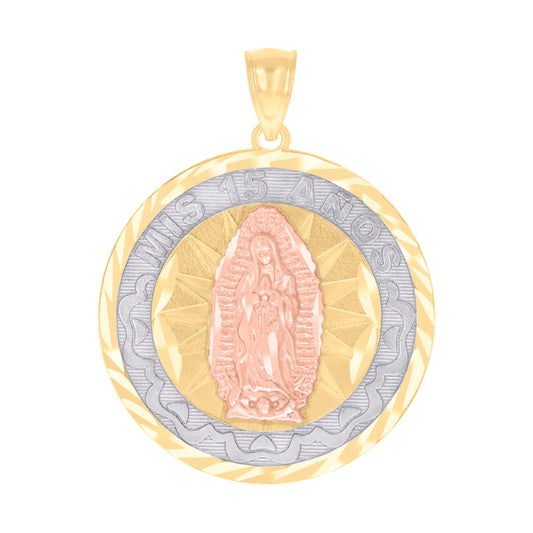 10k Gold Tri Color Diamond Cut Womens Mary Mis 15 Anos Quinceanera Charm Pendant