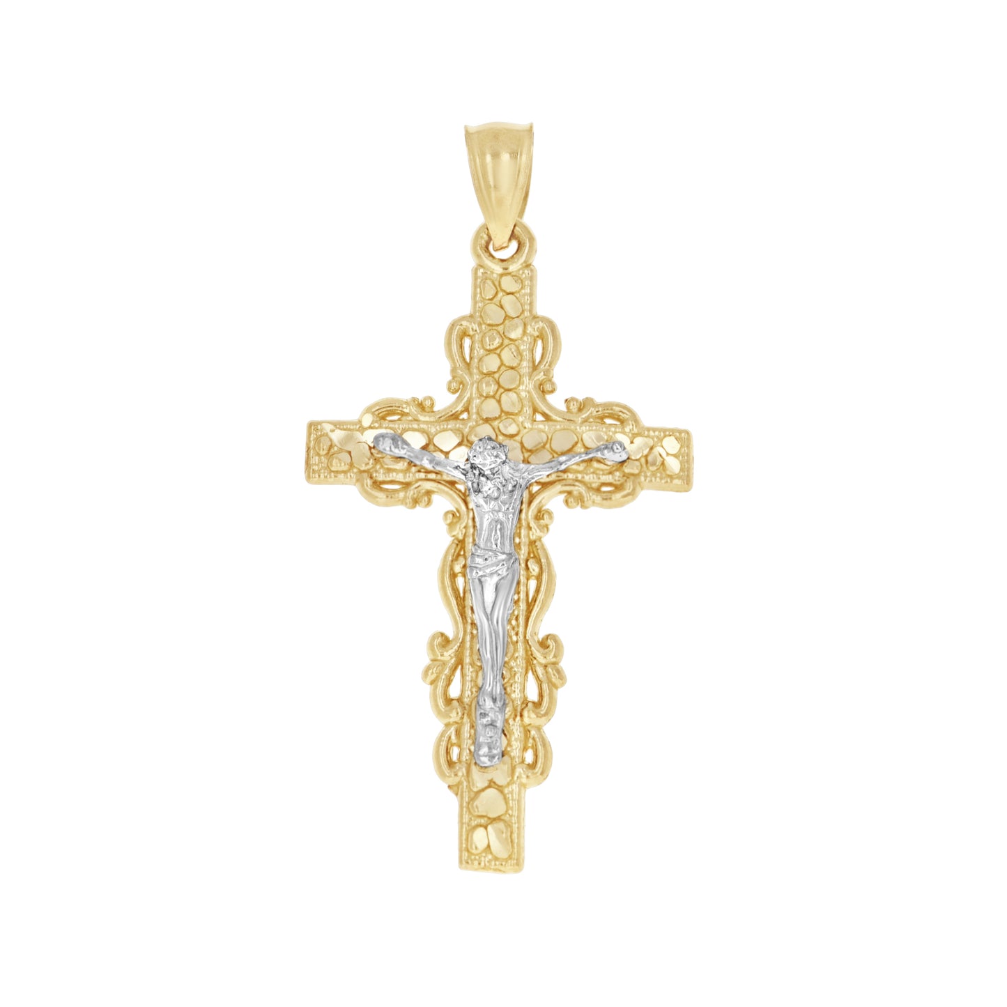 10kt Gold Two-Tone Diamond-Cut Mens Cross Crucifix Religious Charm Pendant