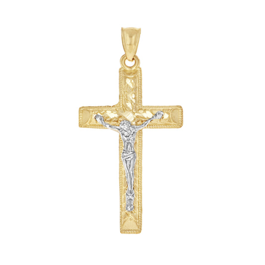 10kt Two-Tone Gold Mens Women Nugget Textured Crucifix Cross Religious Charm Pendant