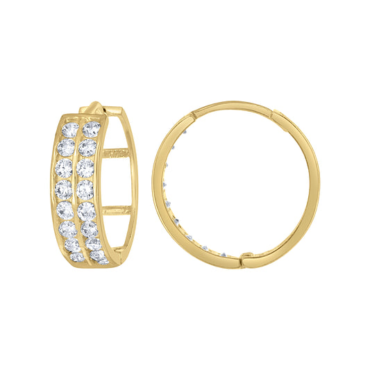 10k Yellow Gold Womens CZ Cubic Zirconia Double Row Hoop Earrings