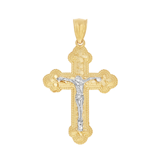 10kt Gold Two-Tone Diamond-Cut Mens Cross Crucifix Religious Charm Pendant