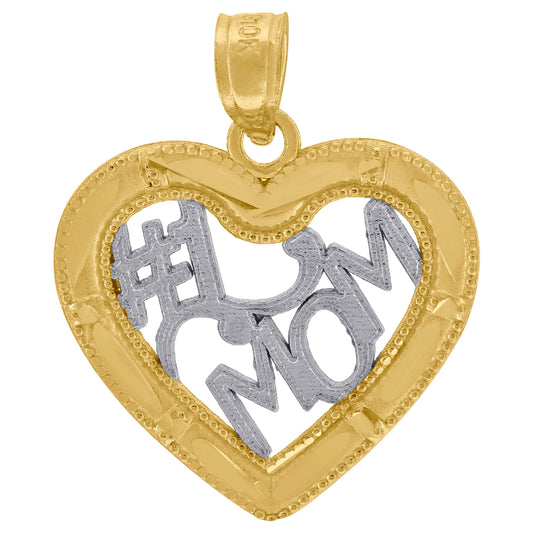 10k Gold Two Tone Diamond Cut Womens Heart No.1 Mom Charm Pendant