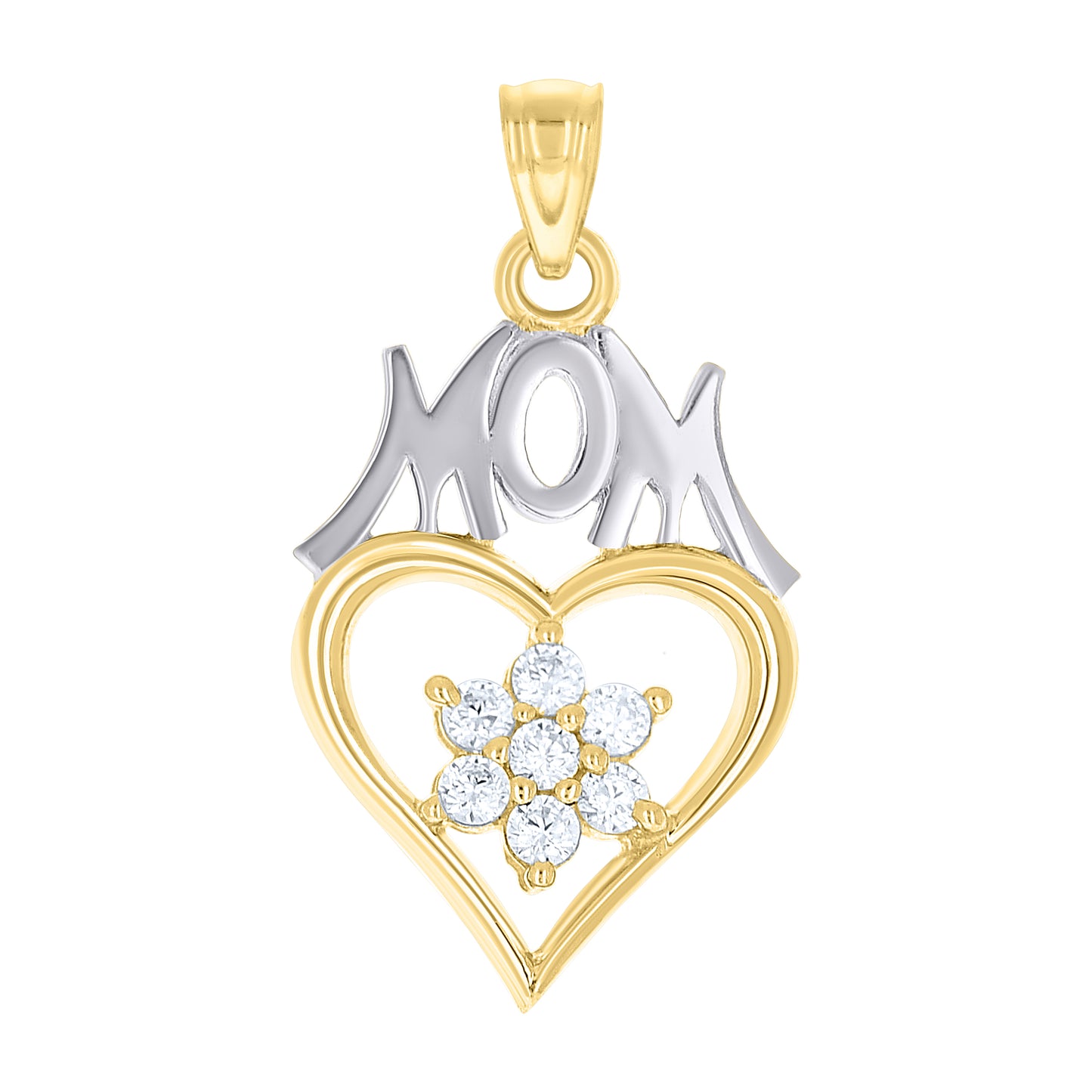 10k Gold Two Tone Cubic Zirconia Womens Heart Flower Mom Charm Pendant