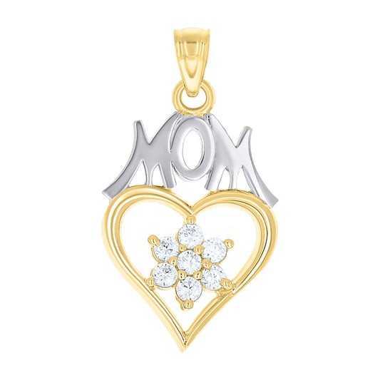 10k Gold Two Tone Cubic Zirconia Womens Heart Flower Mom Charm Pendant