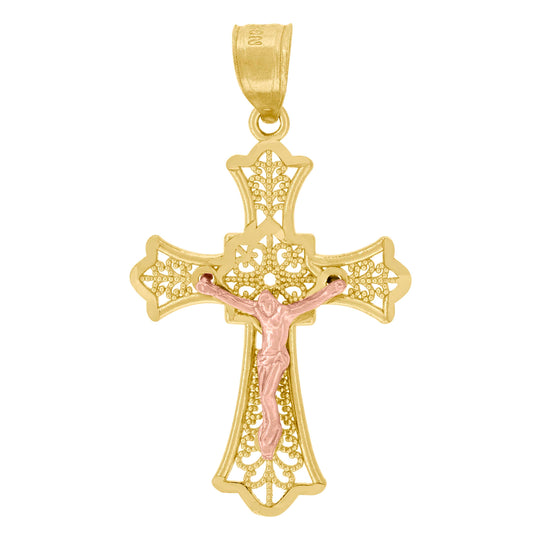 10kt Gold Two-Tone Diamond-Cut Unisex Cross Crucifix Religious Charm Pendant