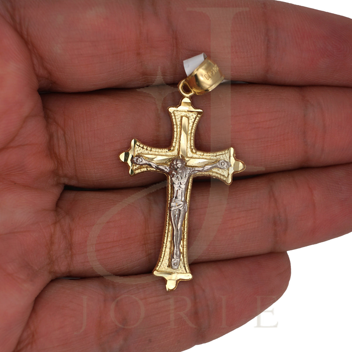 Real 10k Two-Tone Gold Men Women Diamond-Cut Crucifix Cross Religious Charm Pendant