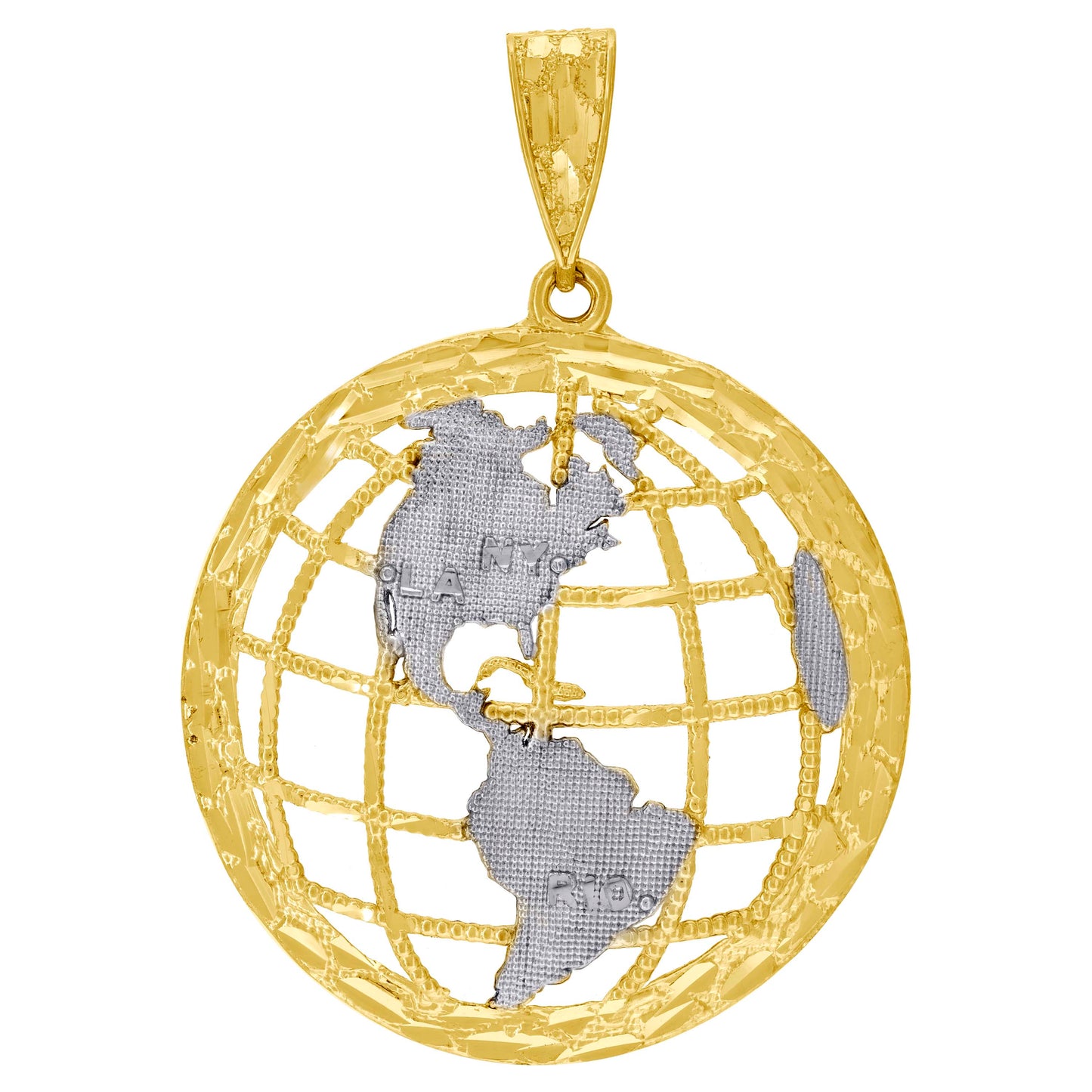 10k Two Tone Gold Mens Diamond Cut Textured Globe Charm Pendant