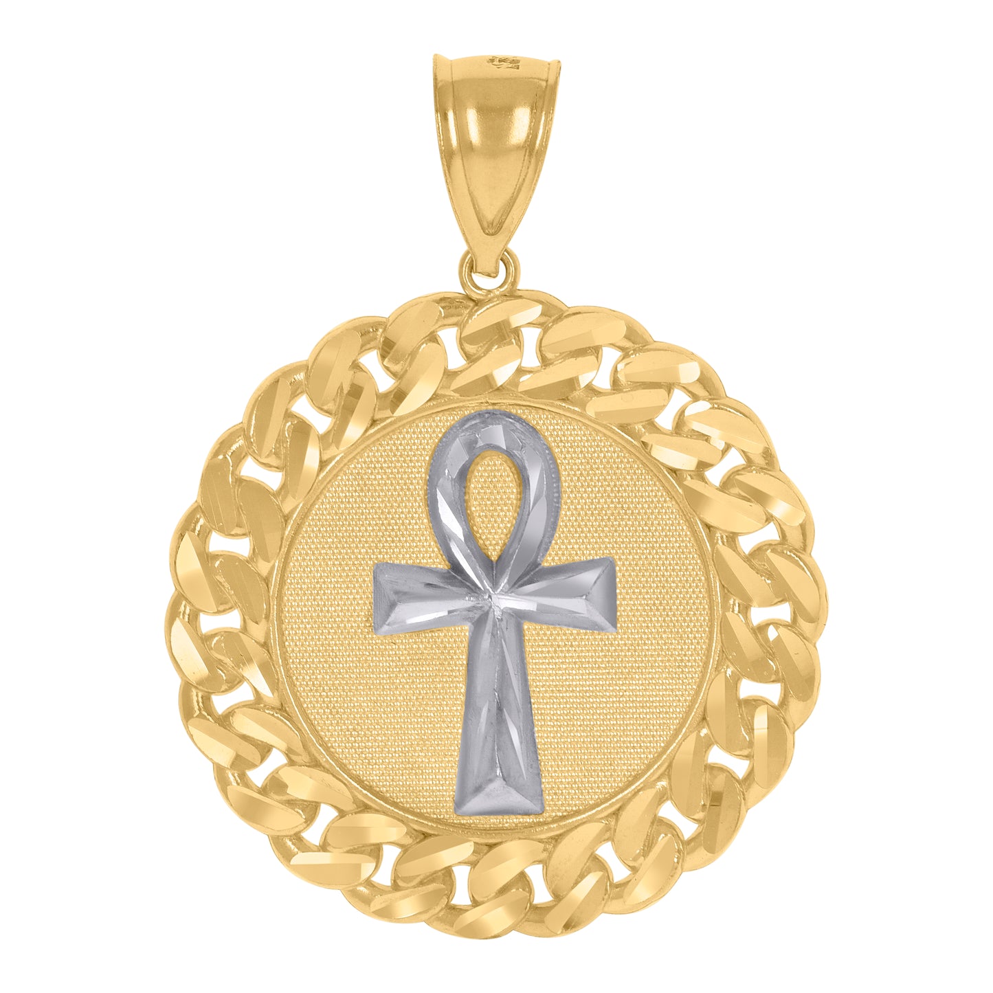 10k Gold Two Tone Textured Mens Ankh Cross Religious Cuban Link Medallion Charm Pendant