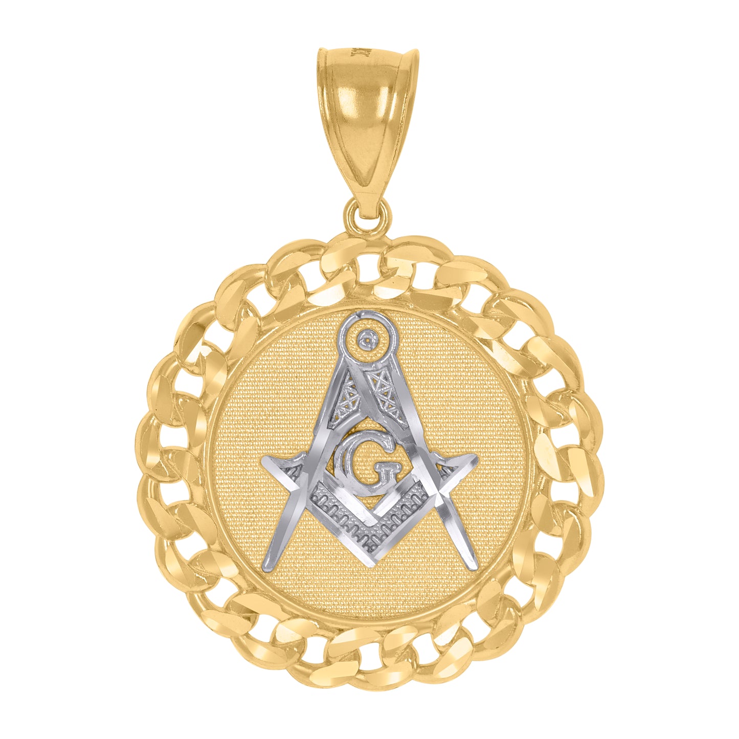 10k Gold Two Tone Textured Mens Masonic Religious Cuban Link Medallion Charm Pendant