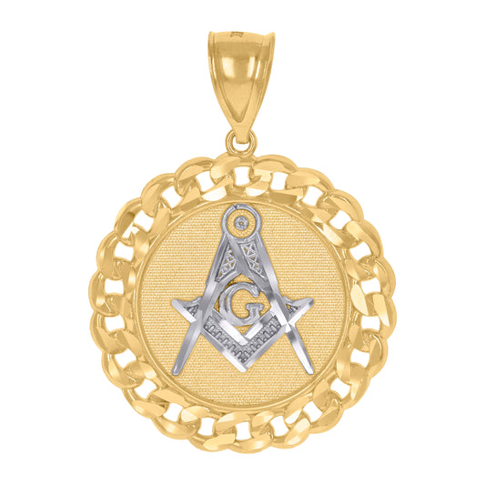 10k Gold Two Tone Textured Mens Masonic Religious Cuban Link Medallion Charm Pendant
