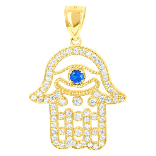 10kt Yellow Gold Mens White Royal Blue Cubic Zirconia Hamsa Religious Charm Pendant