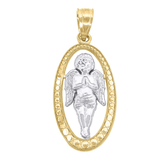 10k Gold Two Tone Textured Womens Angel Oval Shape Religious Charm Pendant