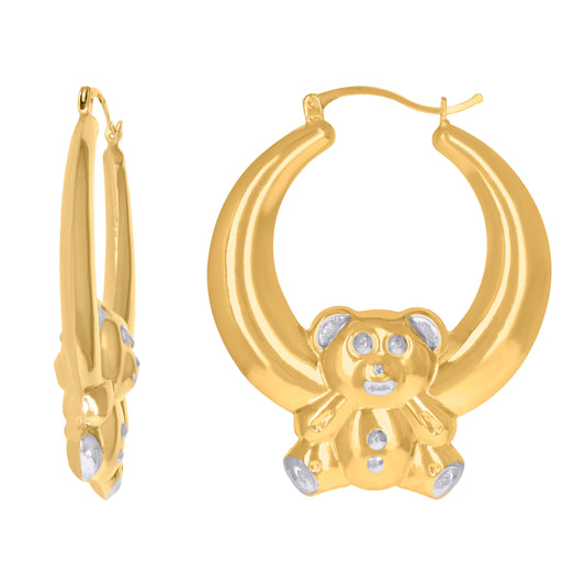 10k Gold Two-Tone Womens Teddy Bear 40.5mm Hinged Hoops Huggies