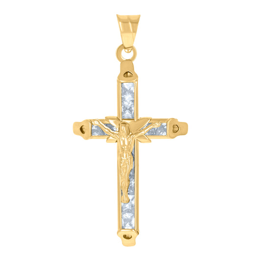 10kt Yellow Gold Mens Women Princess Cut Cubic Zirconia Cubic-Zirconia Crucifix Cross Religious Charm Pendant