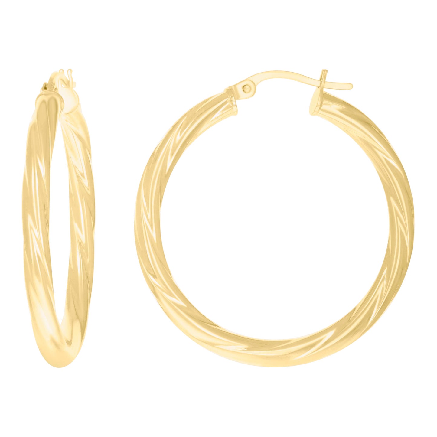 10k Yellow Gold Womens Twisted Tube 25mm X 3mm Hinged Hoops Huggies
