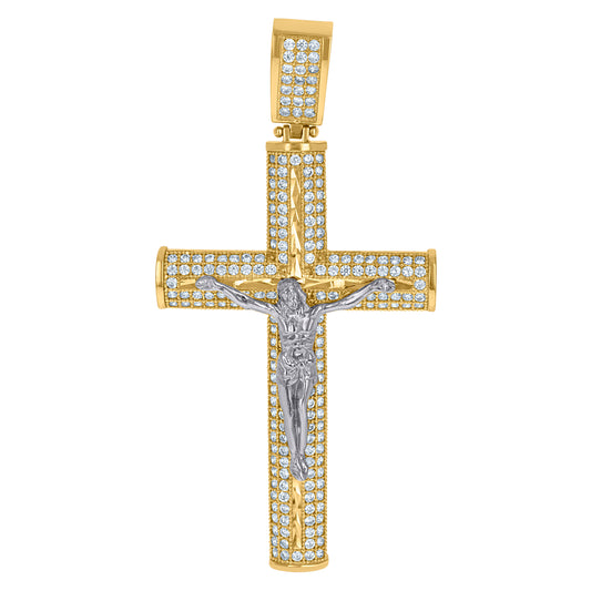 10k Two tone Gold Mens Cubic Zirconia Crucifix Cross Religious Charm Pendant