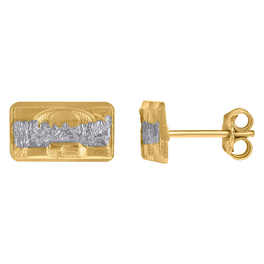10k Two-Tone Gold Womens Textured Last Supper Religious Rectangle Stud Earrings