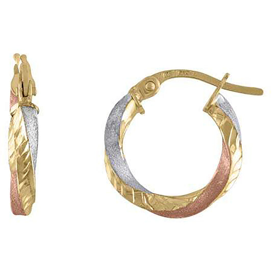 10k Tri-Color Gold Womens Twisted 2.5mm X 10mm Hinged Hoops Huggies