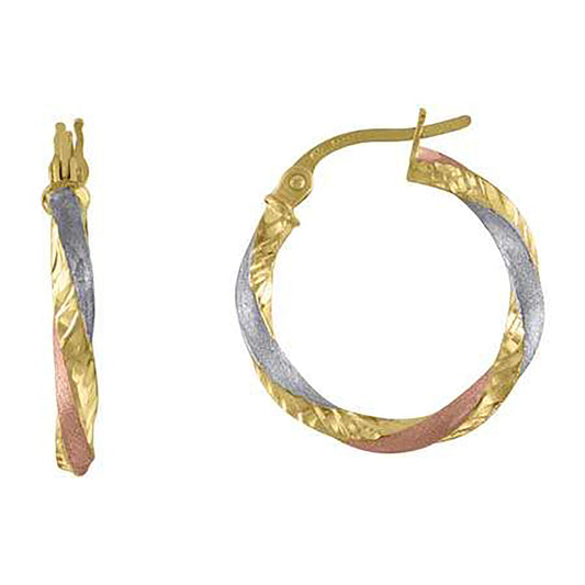 10k Tri-Color Gold Womens Twisted 2.5mm X 15mm Hinged Hoops Huggies