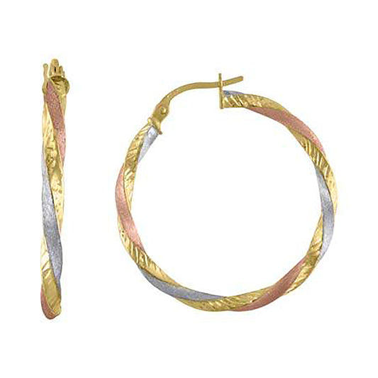 10k Tri-Color Gold Womens Twisted 2.5mm X 25mm Hinged Hoops Huggies