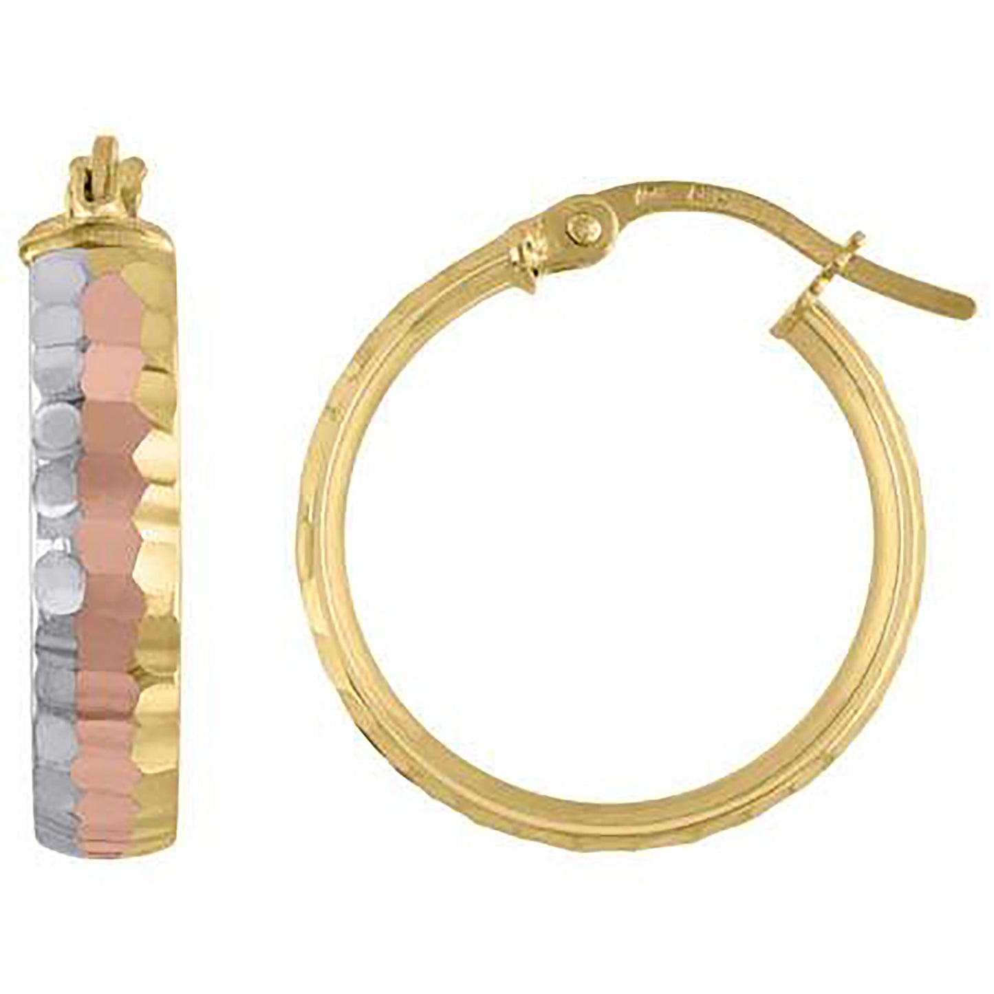 10k Tri-Color Gold Womens Diamond-cut 4mm X 15mm Hinged Hoops Huggies