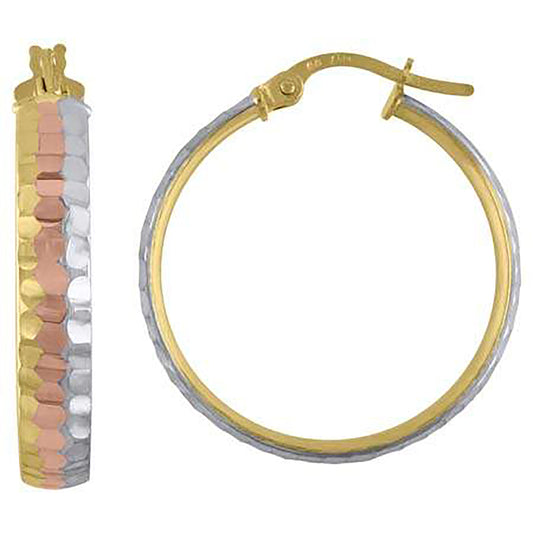 10k Tri-Color Gold Womens Diamond-cut 4mm X 20mm Hinged Hoops Huggies