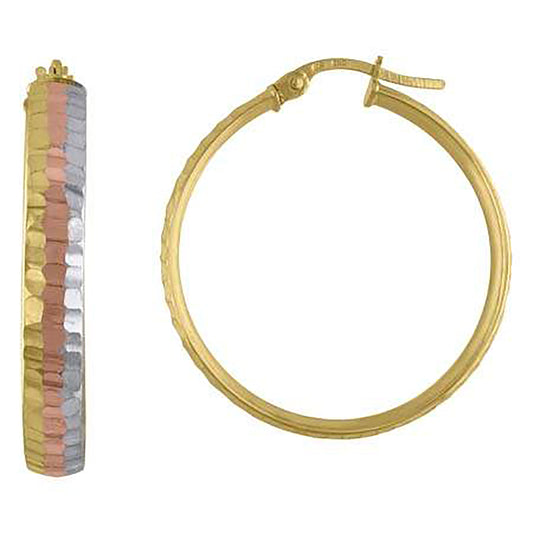 10k Tri-Color Gold Womens Diamond-cut 4mm X 25mm Hinged Hoops Huggies