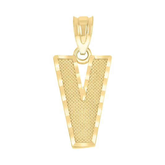 10k Yellow Gold Unisex Textured Initial Letter V Charm Pendant