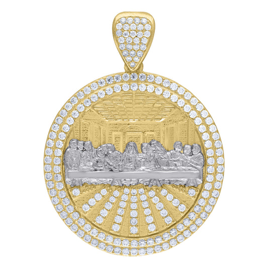 10k Two Tone Gold Mens Cubic Zirconia Last Supper Medallion Religious Charm Pendant