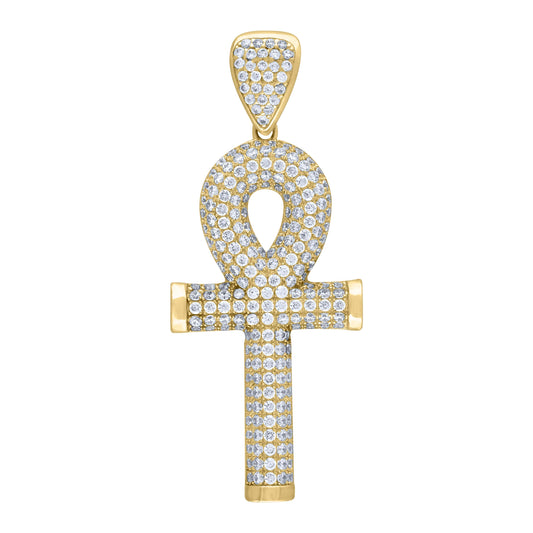 10k Yellow Gold Mens Cubic Zirconia Egyptian Ankh Cross Religious Charm Pendant
