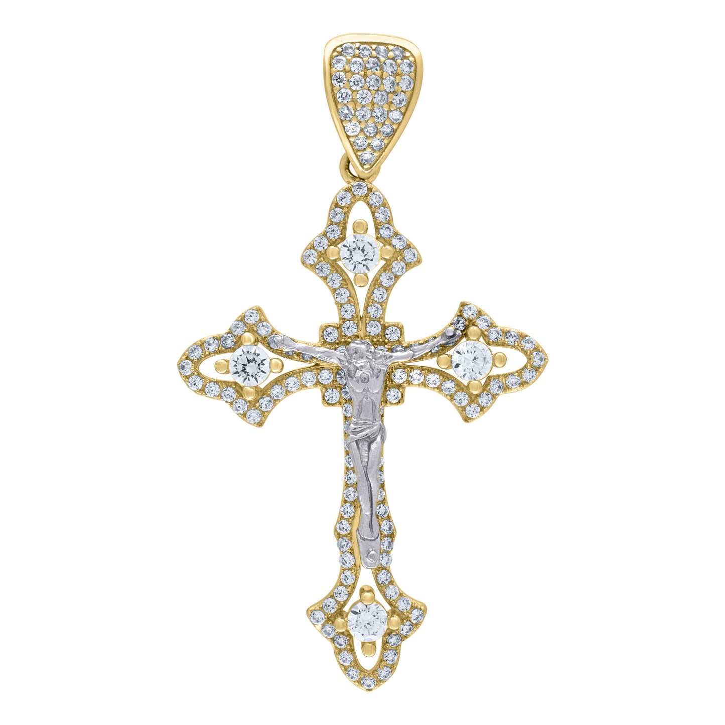 10k Two tone Gold Mens Cubic Zirconia Crucifix Cross Religious Charm Pendant