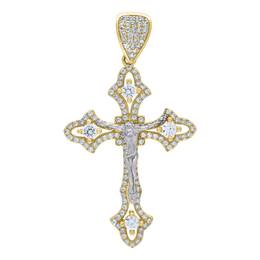 10k Two tone Gold Mens Cubic Zirconia Crucifix Cross Religious Charm Pendant