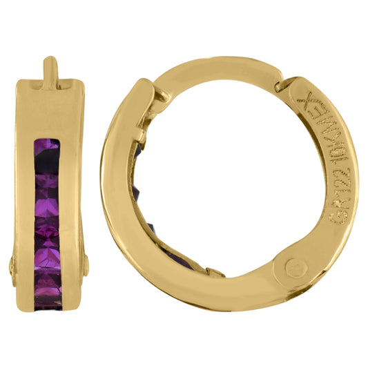 10k Yellow Gold Womens Princess-Cut Purple Cubic Zirconia Huggie Hoop Earrings