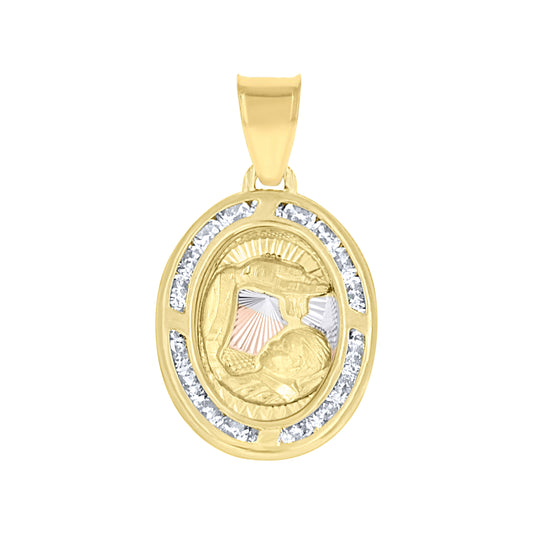 10k Tri Color Gold Unisex Cubic Zirconia Religious Oval Charm Pendant