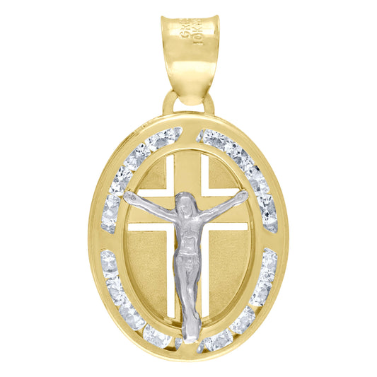 10kt Two-Tone Gold Unisex Cubic Zirconia Cubic-Zirconia Crucifix Cross Religious Oval Charm Pendant