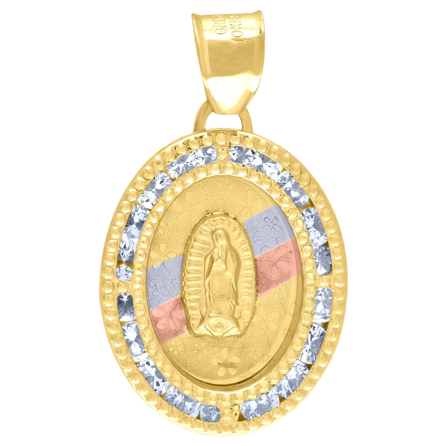10kt Tri-Color Gold Unisex Cubic Zirconia Cubic-Zirconia Lady Of Guadalupe Religious Oval Charm Pendant