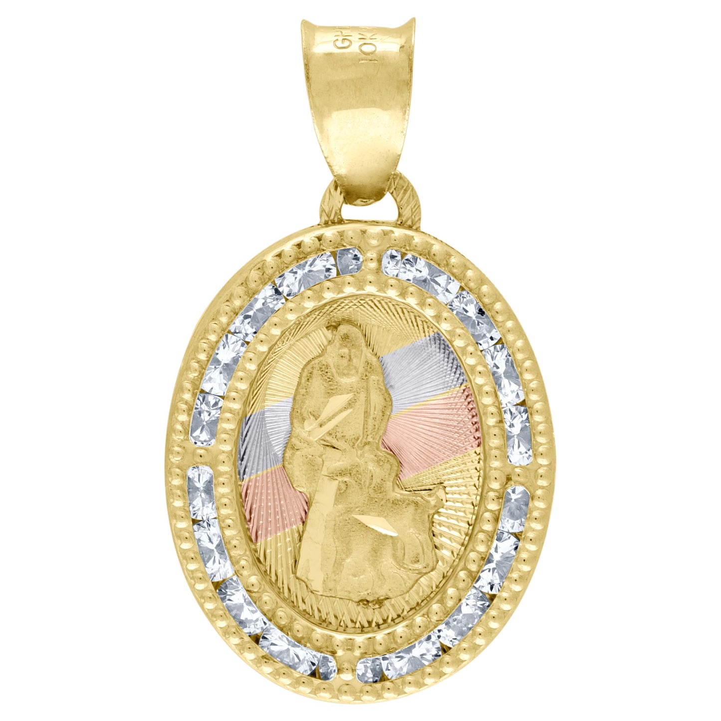 10kt Tri-Color Gold Unisex Cubic Zirconia Cubic-Zirconia Religious Oval Charm Pendant