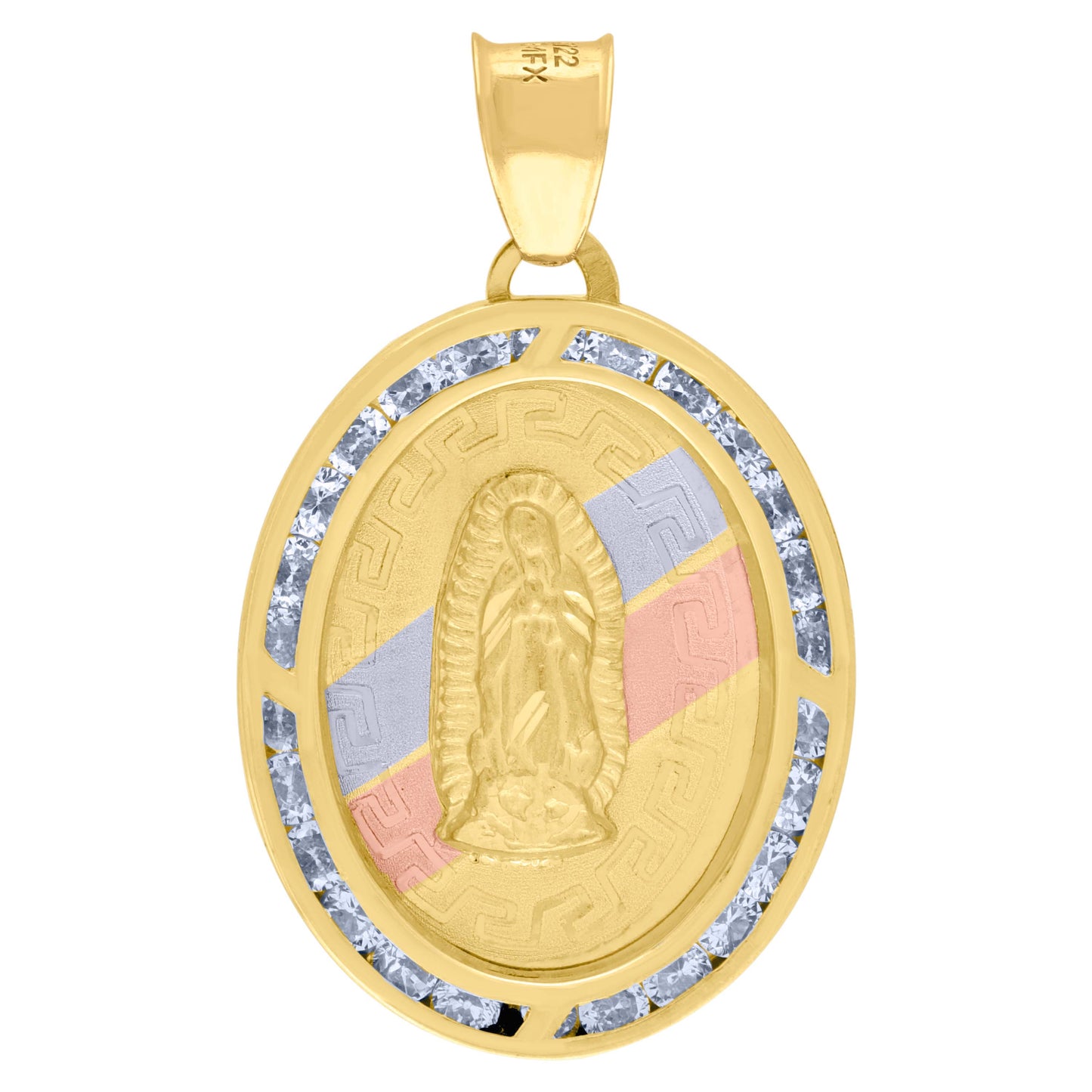 10kt Tri-Color Gold Unisex Cubic Zirconia Cubic-Zirconia Lady Of Guadalupe Religious Oval Charm Pendant