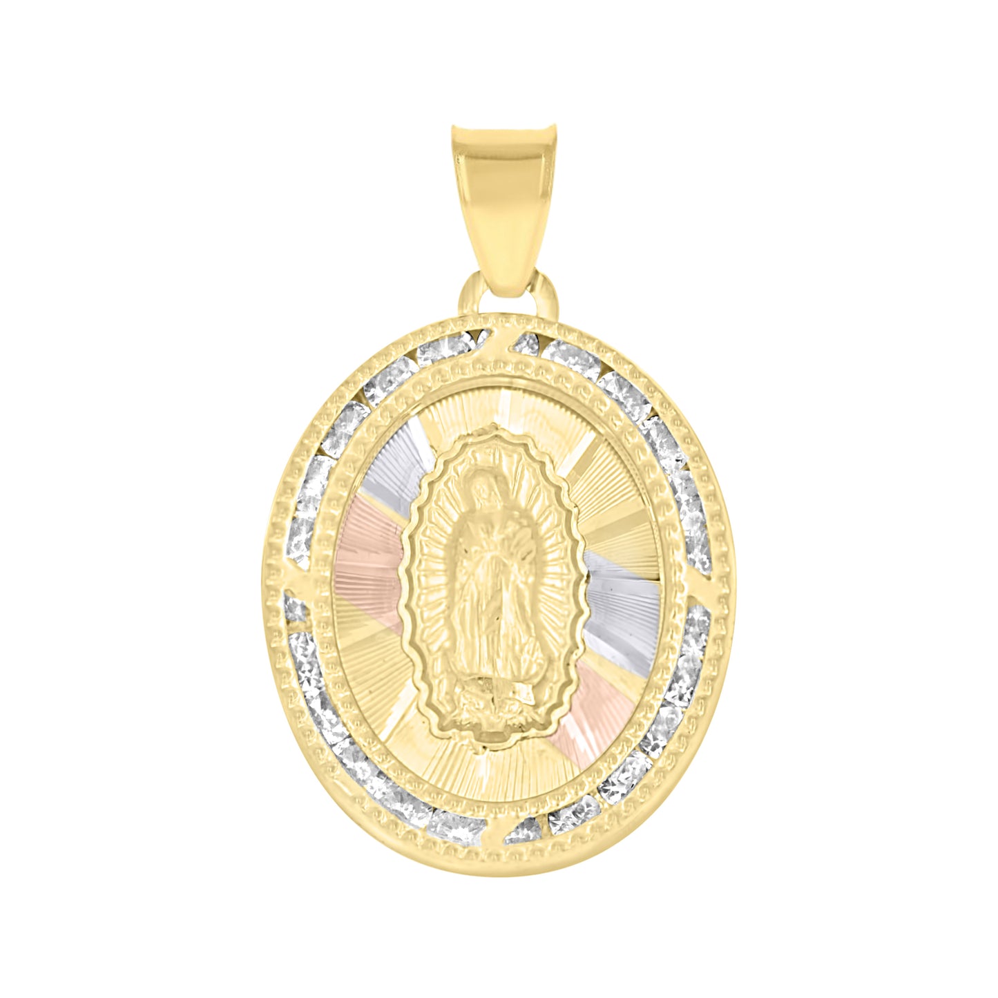 10kt Tri-Color Gold Unisex Cubic Zirconia Cubic-Zirconia Lady Of Guadalupe Religious Oval Charm Pendant