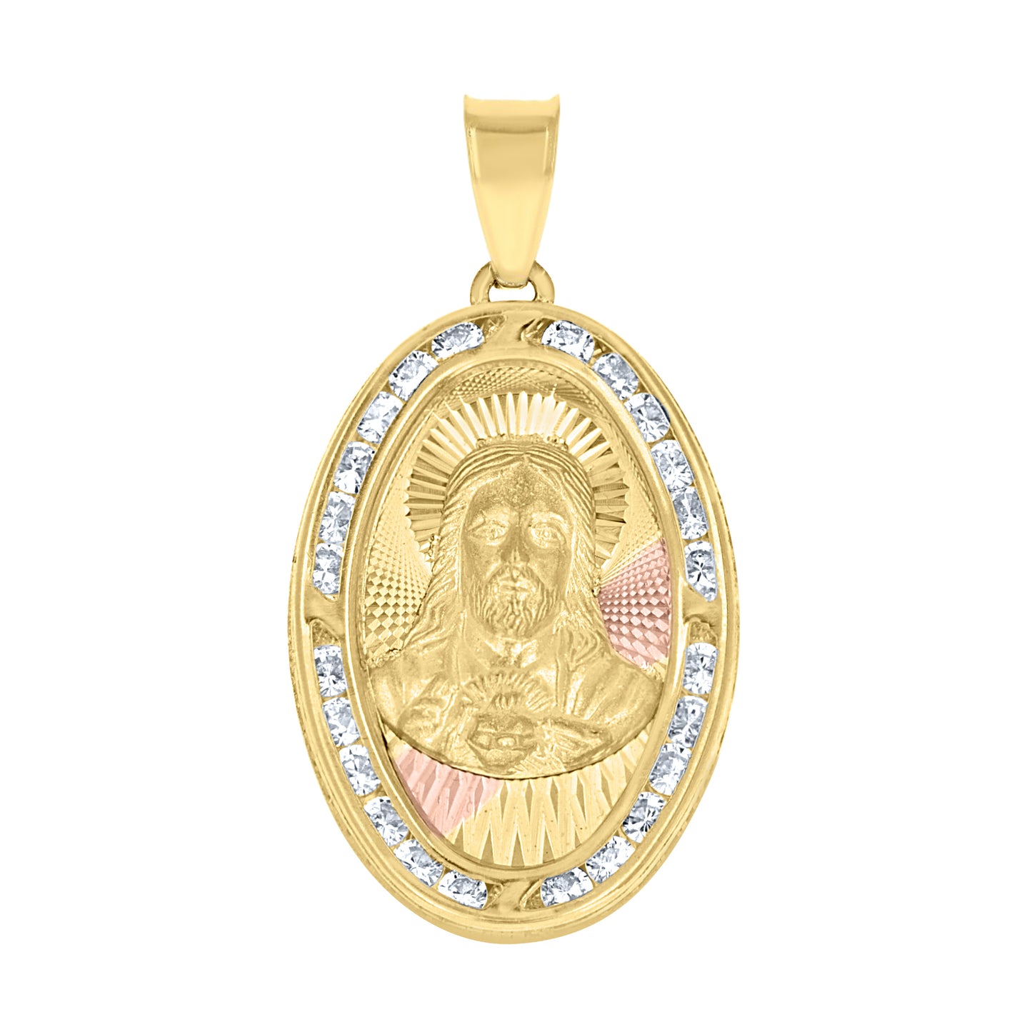 10kt Tri-Color Gold Unisex Cubic Zirconia Cubic-Zirconia Religious Oval Charm Pendant
