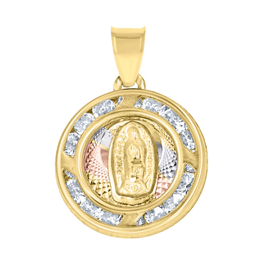 10kt Tri-Color Gold Unisex Cubic-Zirconia Diamond-Cut Textured Lady Of Guadalupe Religious Charm Pendant