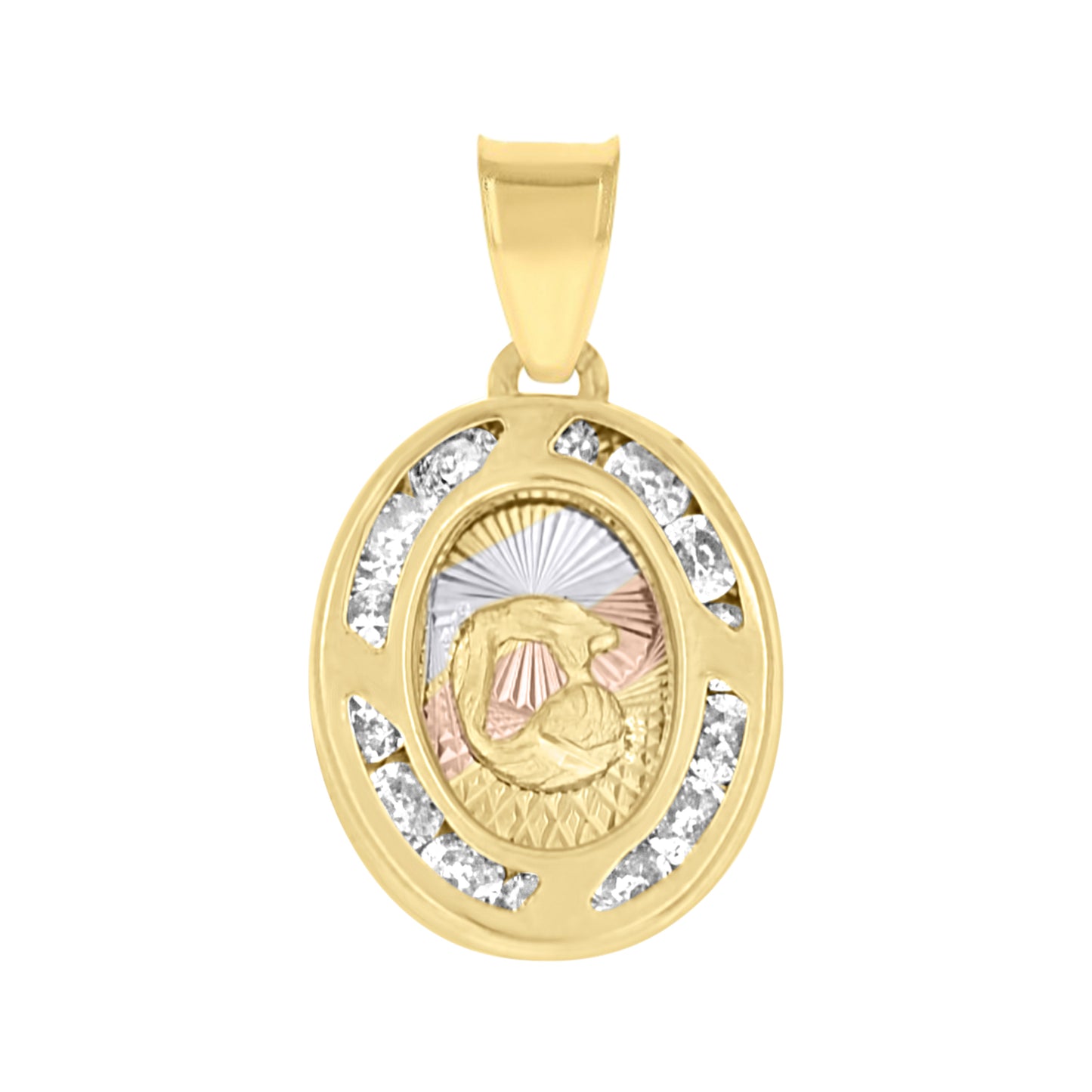 10k Tri Color Gold Unisex Cubic Zirconia Textured Religious Oval Charm Pendant