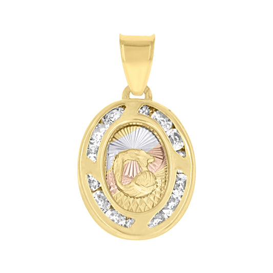 10k Tri Color Gold Unisex Cubic Zirconia Textured Religious Oval Charm Pendant