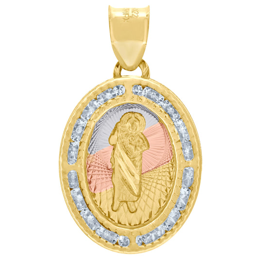 10kt Tri-Color Gold Mens Cubic Zirconia Textured Saint Jude Oval Charm Pendant